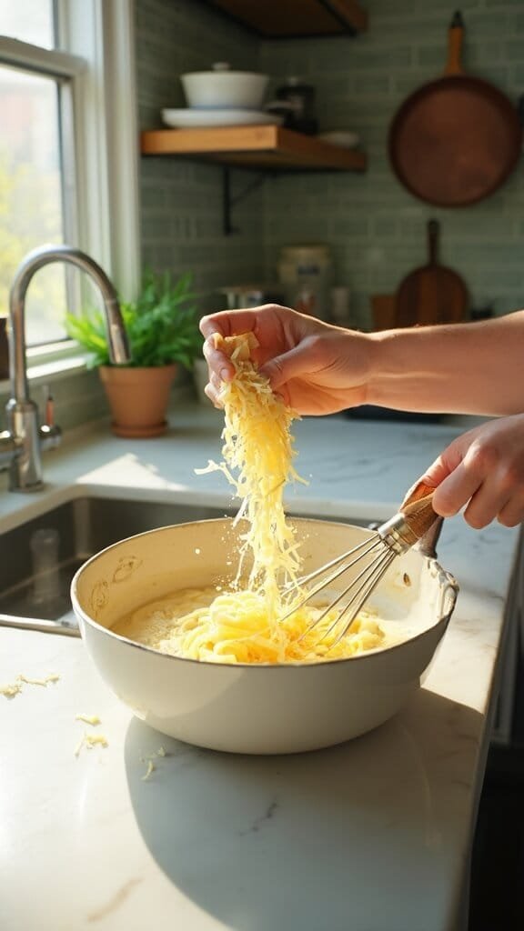 Keto Alfredo Sauce (Rich &Amp; Creamy) 6 Modern kitchen scene with parmesan cheese being whisked into creamy sauce