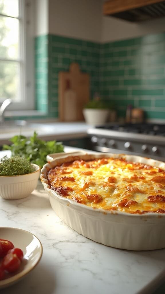 Keto Sausage &Amp; Egg Breakfast Casserole 7 Freshly baked casserole with golden brown melted cheese in a modern kitchen with white marble countertops and green subway tiles.