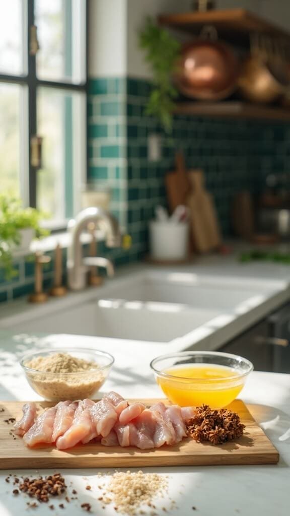 Crispy Keto Chicken Tenders With Buffalo Ranch Sauce 3 Raw chicken strips on wooden cutting board with whisked eggs and almond flour mixture in glass dishes in a modern kitchen with green subway tiles and copper pots hanging on a pot rack.