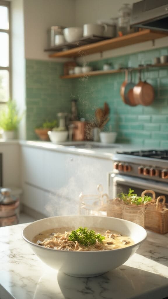 Slow Cooker Keto Chicken And Mushroom Soup 7 Professional food photography of creamy chicken and mushroom soup in white bowl on modern kitchen countertop with green subway tile backsplash, under natural daylight