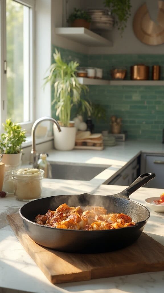 Keto Chicken Fajita Casserole (Easy One-Pan Low-Carb Dinner) 4 Golden-brown chicken strips cooking in a cast iron skillet in a modern kitchen with green subway tile backsplash and warm lighting