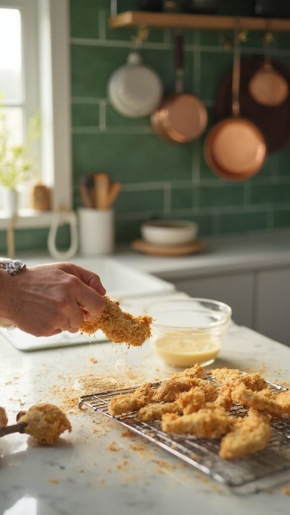 Crispy Keto Chicken Tenders With Buffalo Ranch Sauce 4 Hands dipping chicken strip in egg wash in a modern kitchen with white marble countertops, green subway tiles, and stainless steel appliances, partially breaded tenders on a wire rack