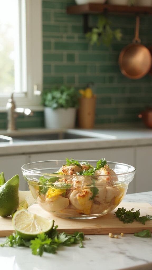 Zesty Keto Cilantro Lime Chicken 4 Chicken thighs marinating in glass bowl in modern kitchen with green subway tile backsplash, copper cookware, and daylight streaming in from window.