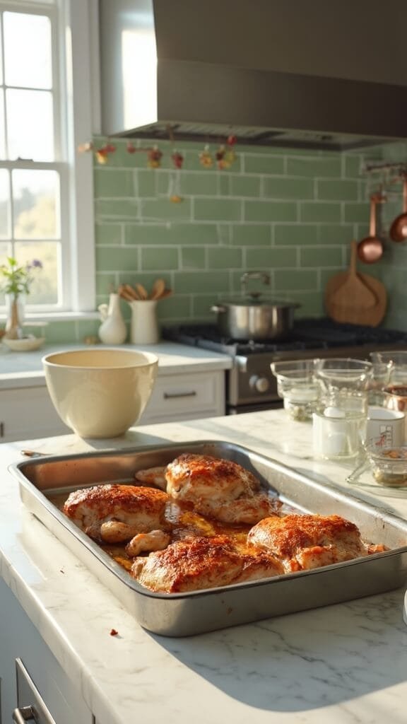 Zesty Keto Cilantro Lime Chicken 6 Perfectly cooked chicken thighs on a baking sheet in a modern kitchen with white marble countertops, green subway tile backsplash, and copper pots hanging in the background