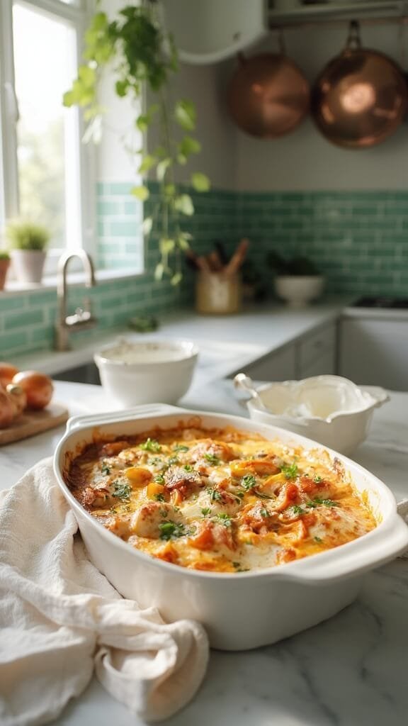 Keto Chicken Fajita Casserole (Easy One-Pan Low-Carb Dinner) 6 Chicken and vegetables in a 9x13 baking dish, ready for the oven in a modern kitchen with green subway tile backsplash and copper pots