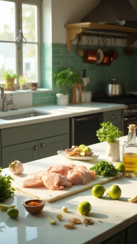 Zesty Keto Cilantro Lime Chicken 3 Raw chicken thighs on a white ceramic platter with fresh limes, cilantro, and garlic cloves in a modern kitchen with green subway tiles and stainless steel appliances, shot from above in soft natural daylight.