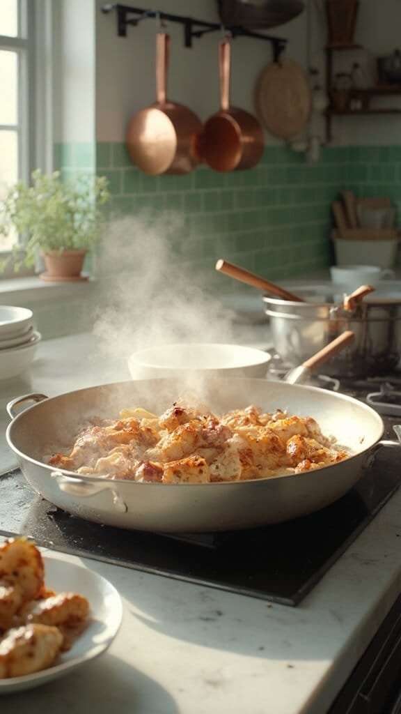 Keto Chicken Fajita Casserole 4 Chicken strips sizzling in a skillet in a modern kitchen with white marble countertops, modern cookware and green subway tile backsplash, shot from a 45-degree angle with natural daylight.