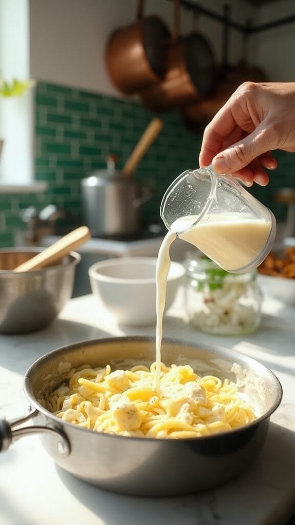 Keto Alfredo Sauce (Rich &Amp; Creamy) 5 Pouring heavy cream into a saucepan with melted butter and garlic in a modern kitchen