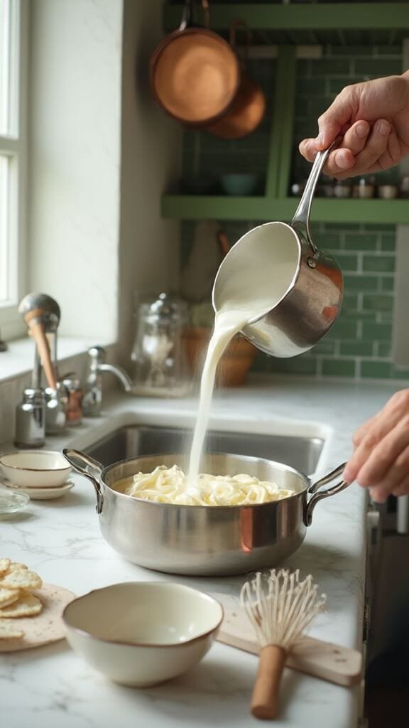 Homemade Keto Alfredo Sauce (Rich, Creamy &Amp; Ready In 15 Minutes) 5 Heavy cream pouring into a saucepan with garlic butter in a modern kitchen