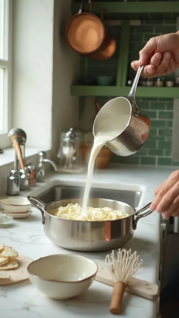 Homemade Keto Alfredo Sauce (Rich, Creamy &Amp; Ready In 15 Minutes) 5 Heavy cream pouring into a saucepan with garlic butter in a modern kitchen