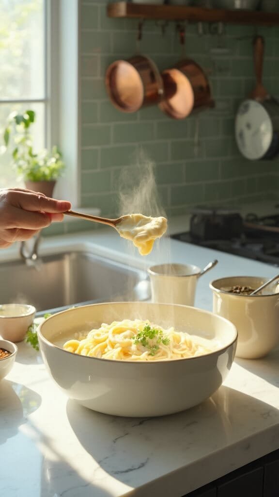 Keto Alfredo Sauce (Rich &Amp; Creamy) 7 Smooth alfredo sauce on wooden spoon in a modern kitchen with green subway tile backsplash and copper pots
