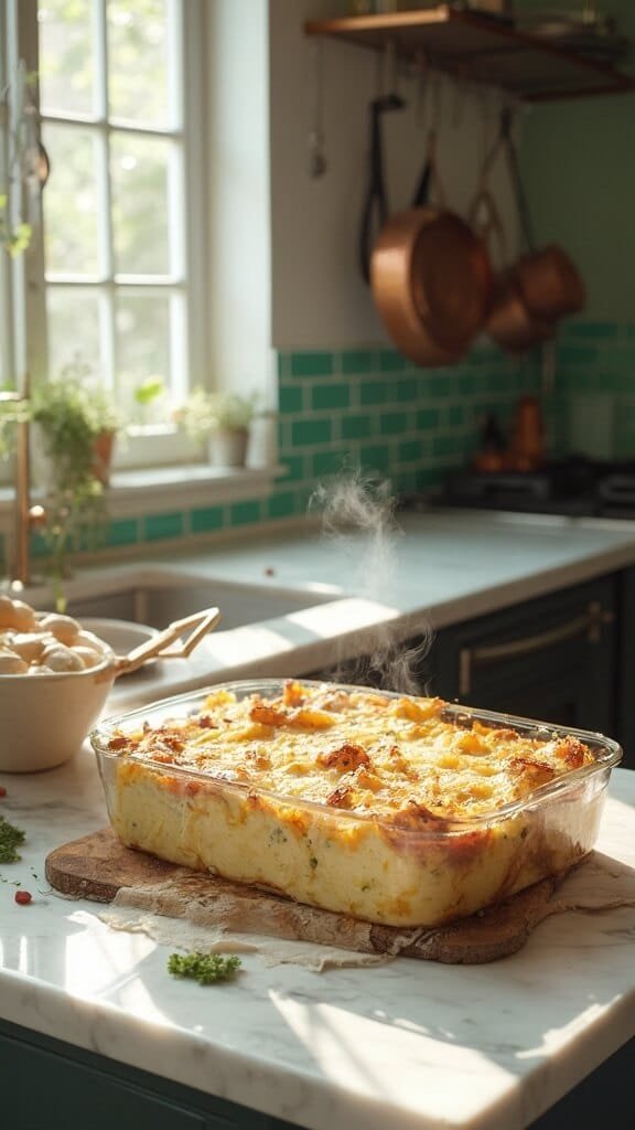 Classic Keto Green Bean Casserole (Creamy, Low-Carb Holiday Favorite) 7 Freshly baked casserole in a modern kitchen with cream ceramic bowls, wooden utensils, and green subway tile backsplash, lit by natural daylight