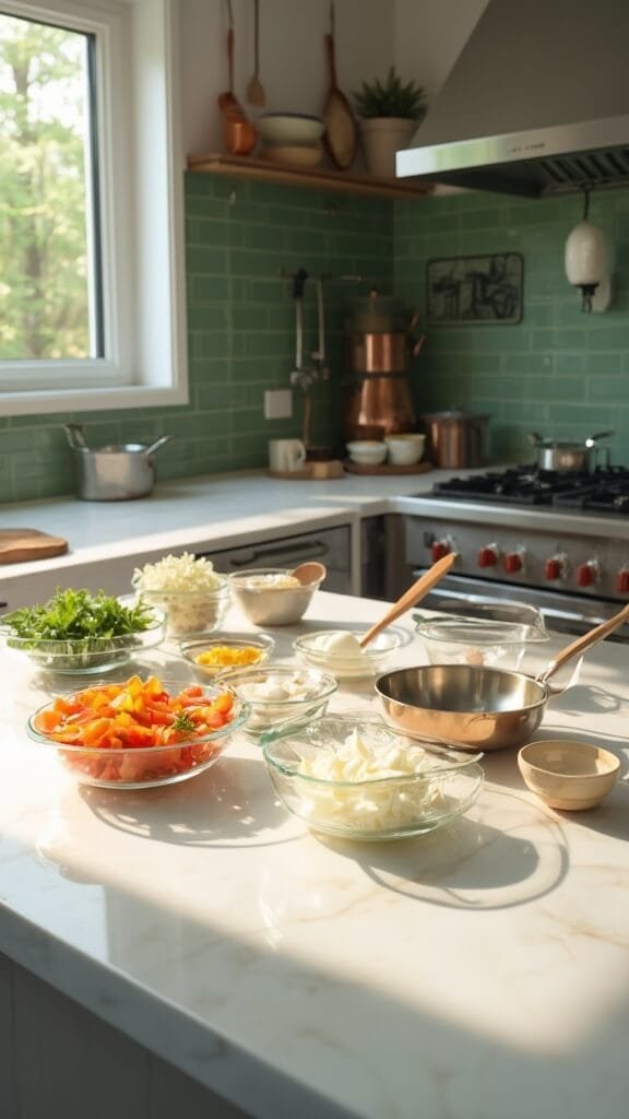 Keto Chicken Fajita Casserole 3 Raw ingredients including bell peppers, chicken strips, onions, cream cheese, and spices in prep bowls, in a modern kitchen with green subway tiles and copper pots