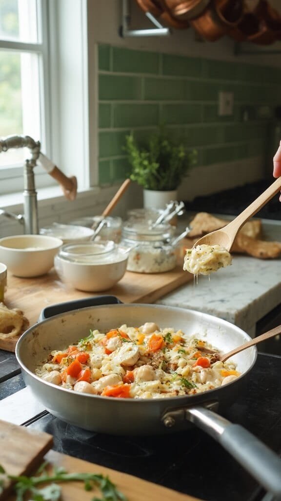 Keto Chicken Fajita Casserole 6 Professional food photography of chicken and vegetables cooking in a modern kitchen, cream cheese melting in skillet creating a creamy sauce, with warm, earthy color grading