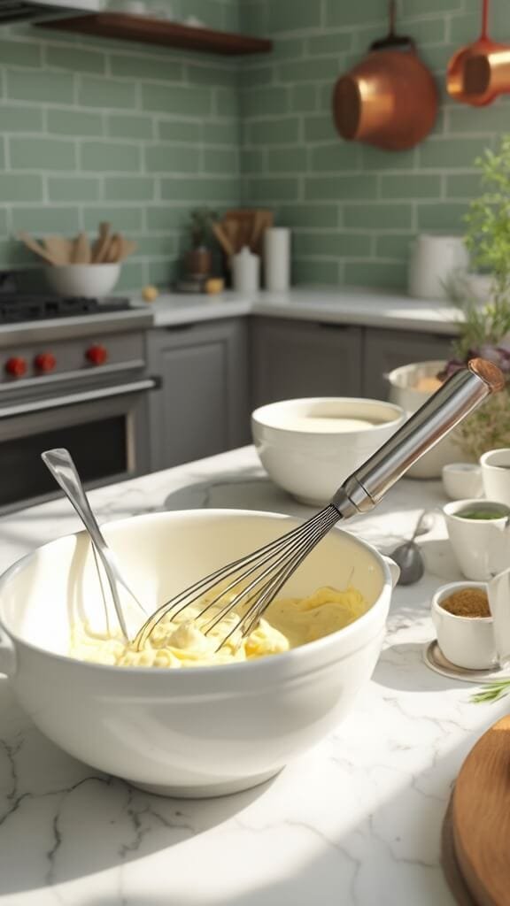 Professional food photography of a whisk mixing mayonnaise, sour cream, and heavy cream in a white ceramic bowl in a modern kitchen with green subway tile backsplash and copper pots.