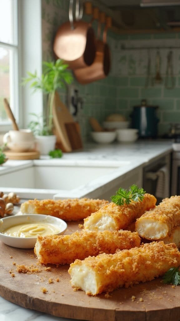 Crispy Keto Mozzarella Sticks With Almond Flour Breading 7 Golden-brown mozzarella sticks on a rustic wooden board in a modern kitchen with green subway tiles and natural daylight