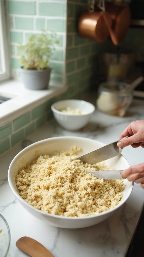 Sugar-Free Apple Crisp (Made With Chayote Squash Or Zucchini) 5 Preparation of crumble topping in a modern kitchen with cream-colored ceramic bowl, wooden utensils and modern cookware, shot in natural daylight.