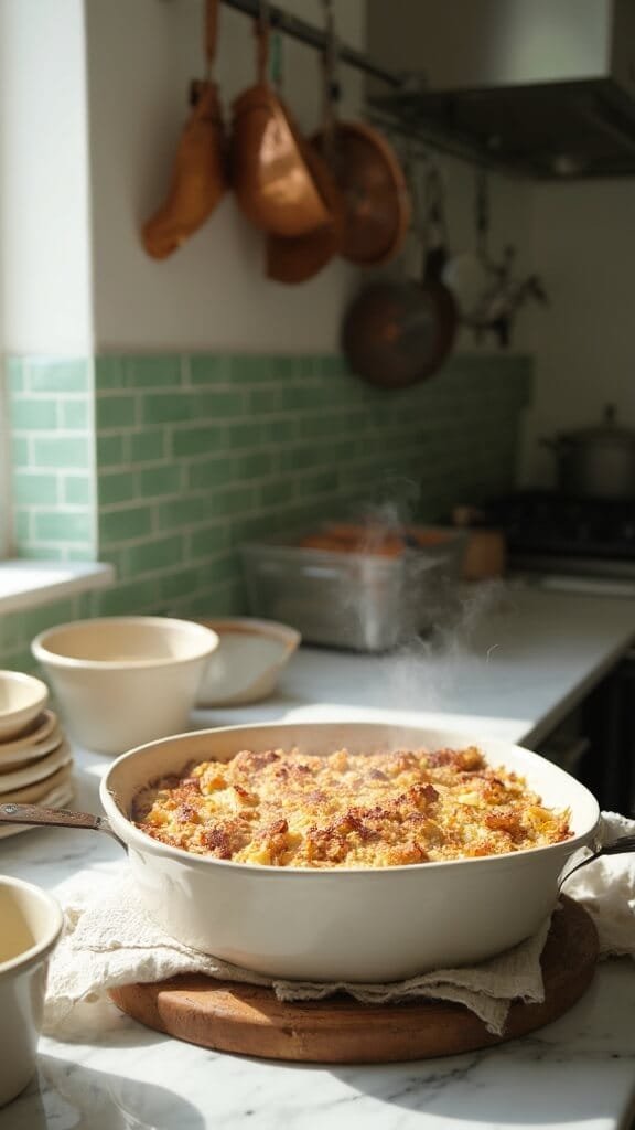 Sugar-Free Apple Crisp (Made With Chayote Squash Or Zucchini) 7 Golden brown baked crisp in a modern kitchen, steam rising gently with warm, earthy color grading