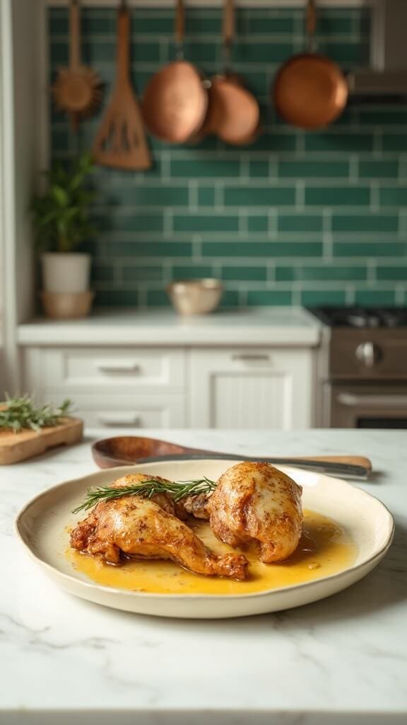 Keto Garlic Butter Chicken Thighs 7 Perfectly cooked chicken thighs with garlic butter sauce and rosemary garnish on cream-colored ceramic plate in a modern kitchen