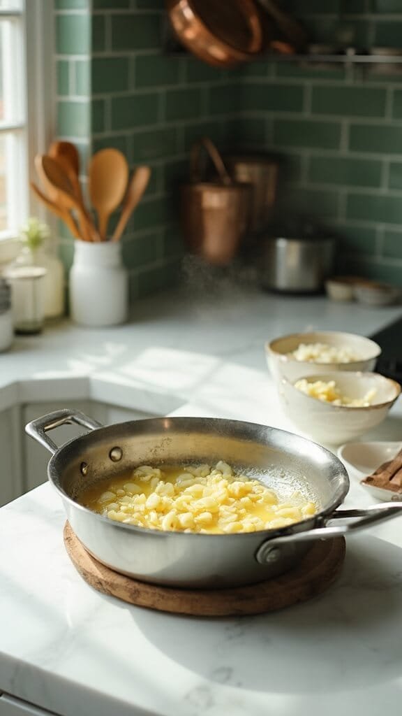 Homemade Keto Alfredo Sauce (Rich, Creamy &Amp; Ready In 15 Minutes) 4 Sauteed garlic in melted butter in a modern kitchen with warm, earthy color grading