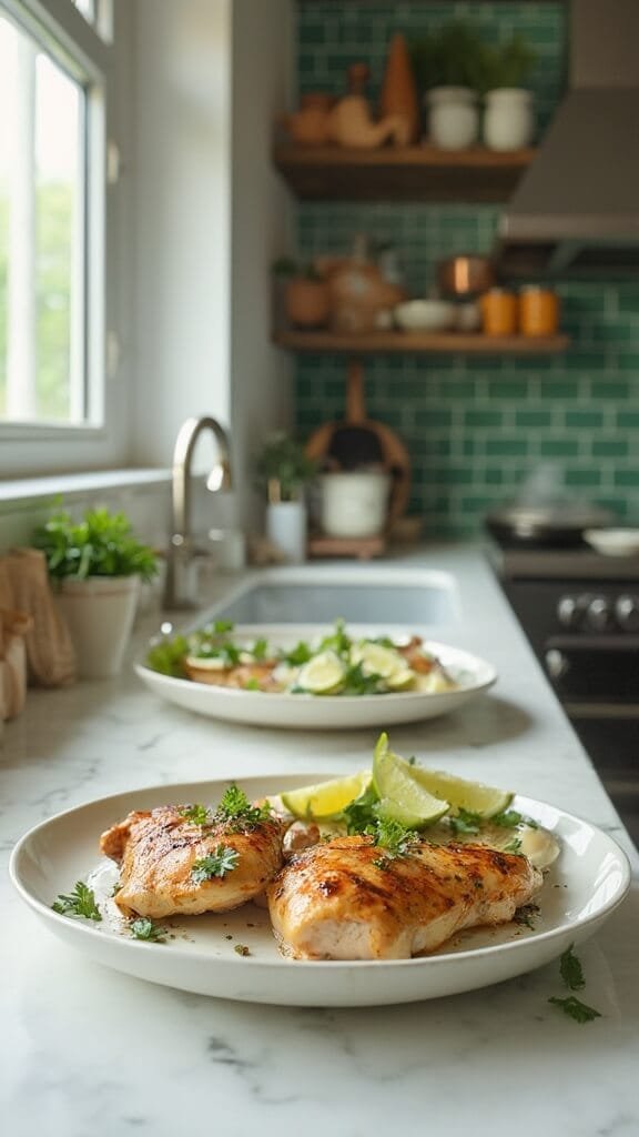 Zesty Keto Cilantro Lime Chicken 7 Grilled chicken thighs garnished with cilantro and lime on a white platter, in a modern kitchen with green subway tile and warm lighting