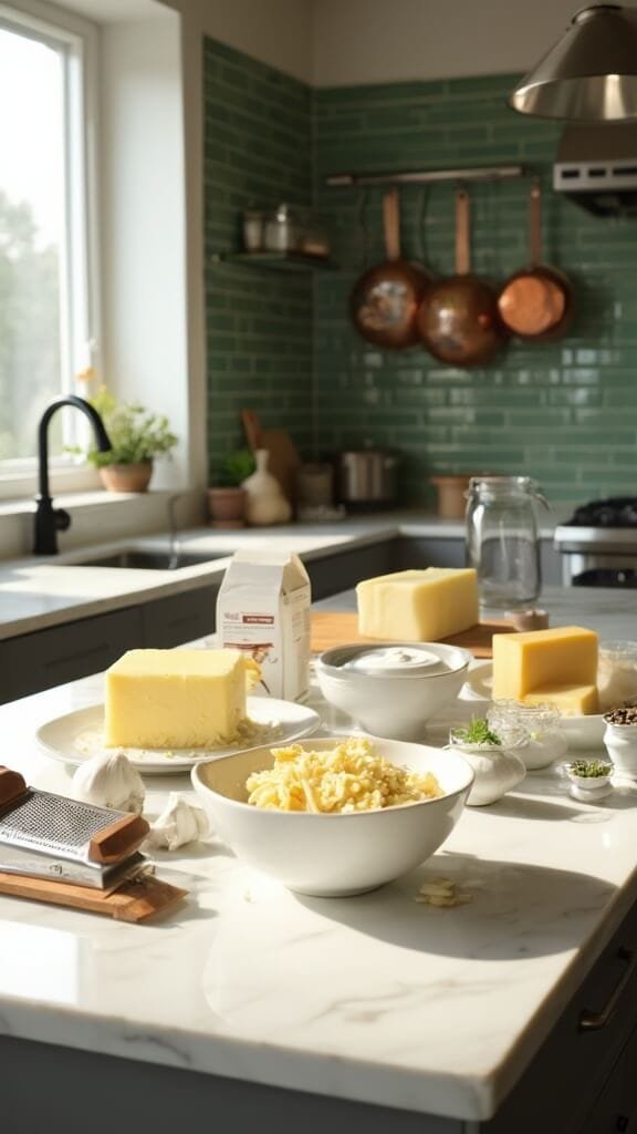 Keto Alfredo Sauce (Rich &Amp; Creamy) 3 Ingredients for keto alfredo recipe on marble countertop in modern kitchen, featuring parmesan and cream cheese, butter, heavy cream, garlic, and various seasonings.
