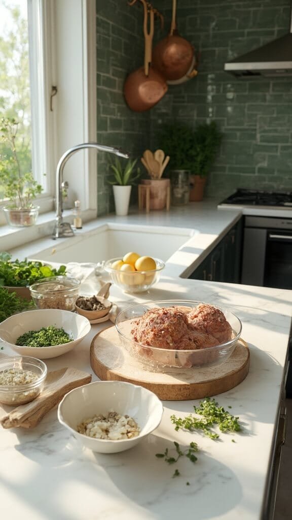 Keto Turkey Meatloaf With Almond Flour 3 Ingredients for keto turkey meatloaf in modern kitchen with warm, earthy color grading