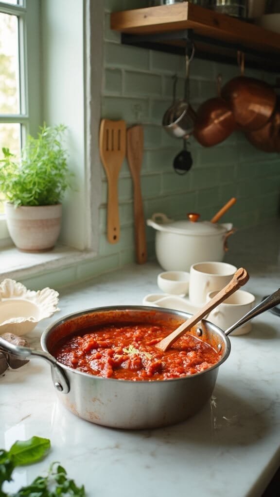 Keto Italian Meatballs With Marinara Sauce 5 Marinara sauce simmering in a stainless steel saucepan in a modern kitchen with white marble countertops, wooden utensils, and fresh herbs