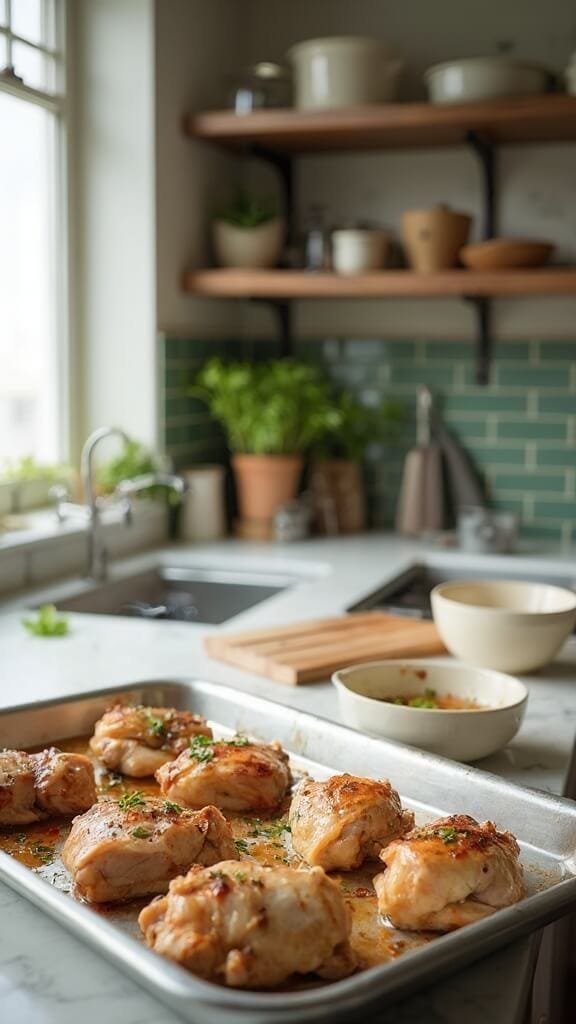 Zesty Keto Cilantro Lime Chicken 5 Marinated chicken thighs on a stainless steel baking sheet in a modern kitchen with white marble countertops, green subway tile backsplash, and warm, earthy color grading.