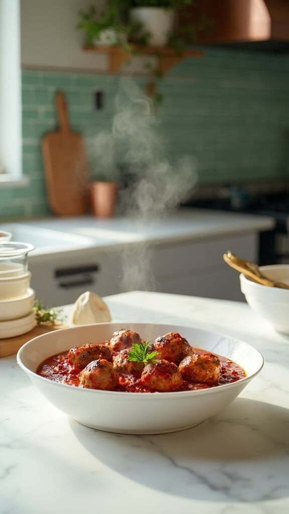 Keto Italian Meatballs With Marinara Sauce 7 Six meatballs in marinara sauce with parsley garnish in a white ceramic bowl, in a modern kitchen with green subway tile backsplash and warm lighting