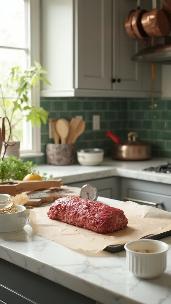 Keto Turkey Meatloaf With Almond Flour 6 Raw meatloaf on a parchment-lined baking sheet in a modern kitchen with white marble countertops and green subway tile backsplash, under natural daylight.
