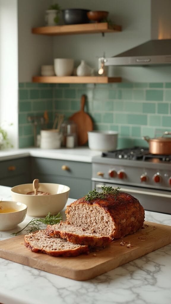 Keto Turkey Meatloaf With Almond Flour 7 Golden-brown meatloaf on wooden cutting board garnished with fresh herbs, kitchen setting with modern appliances and cookware, shot in natural daylight