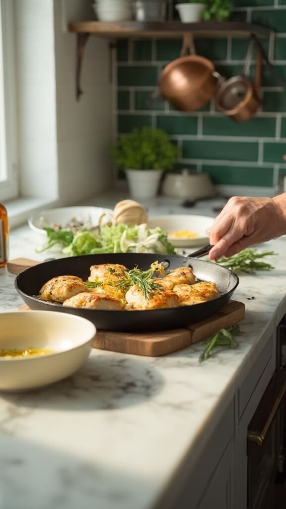 Keto Garlic Butter Chicken Thighs 5 Golden-brown chicken thighs cooking in butter, garlic, and rosemary in modern kitchen with a hint of lemon zest being added.