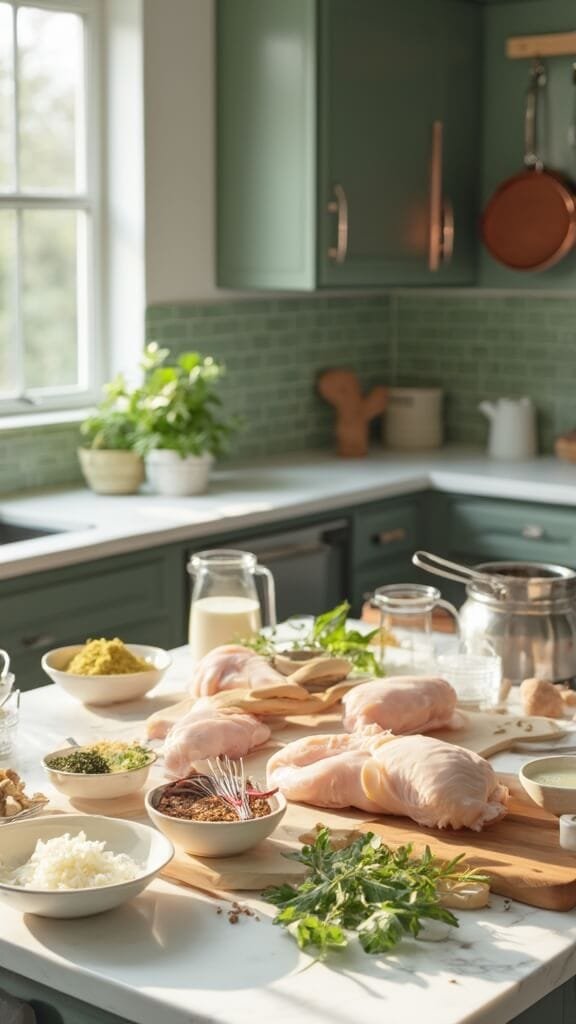 Slow Cooker Keto Chicken And Mushroom Soup 3 Ingredients for cooking arranged on white marble kitchen counter with modern green subway tile backsplash, wooden utensils and cream-colored ceramic bowls in natural daylight