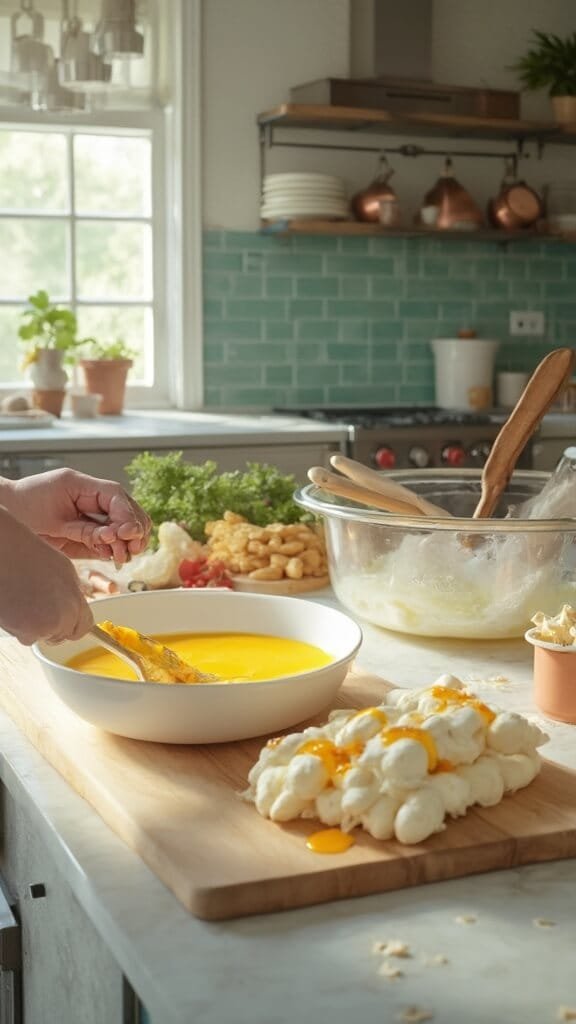 Crispy Keto Mozzarella Sticks With Almond Flour Breading 4 Hands preparing mozzarella sticks in a modern kitchen with natural daylight