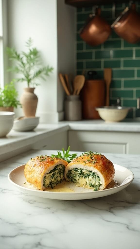 Keto Spinach &Amp; Cheese Stuffed Chicken Breast 7 Sliced stuffed chicken breast with spinach-cheese filling on a white ceramic plate in a modern kitchen with green subway tile backsplash and natural lighting