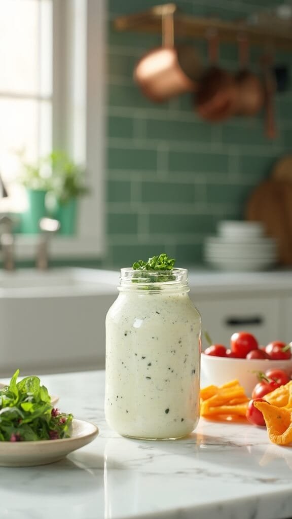 Professional food photography of ranch dressing in a clear jar with fresh vegetables, in a modern kitchen with green subway tile backsplash and natural daylight.