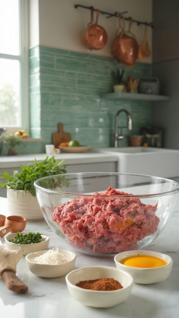 Keto Italian Meatballs With Marinara Sauce 3 Raw meatball ingredients arranged in a modern kitchen with natural daylight