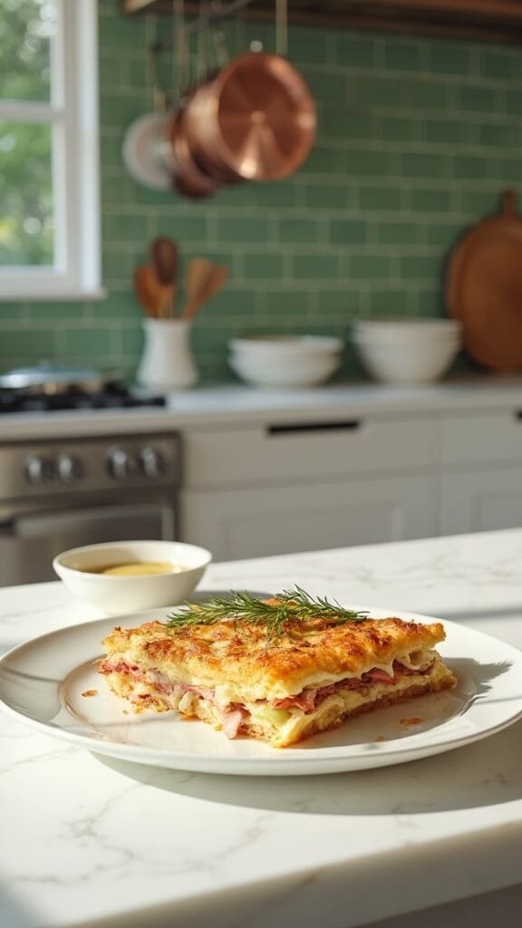 Low-Carb Reuben Casserole 7 Reuben casserole with melted cheese and fresh dill on a white plate in a modern kitchen with green subway tile backsplash