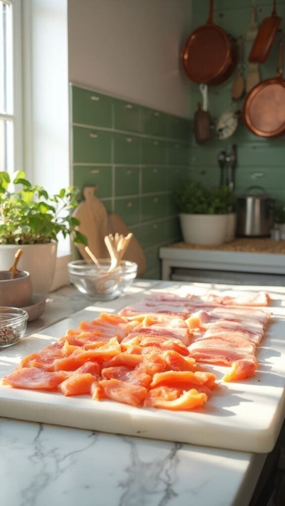 Bacon-Wrapped Keto Salmon Bites 4 Salmon pieces and bacon strips on a cutting board in a modern kitchen with green subway tiles and wooden utensils under natural daylight.