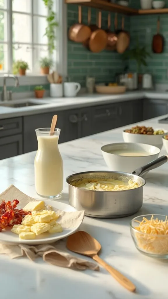 Keto Cheesy Broccoli And Cauliflower Bake 5 0 sauce prep alfredo ingredients