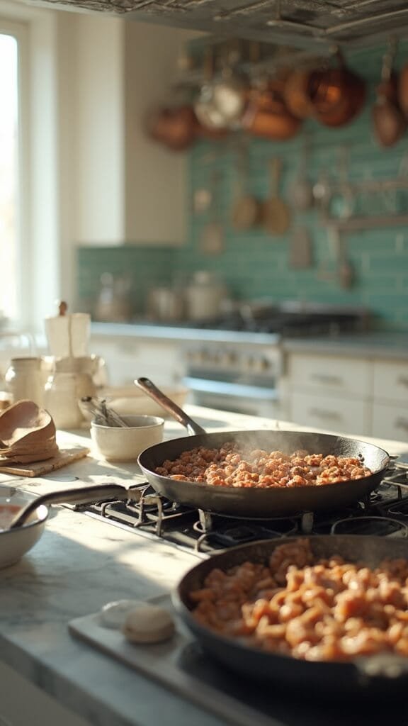 Keto Sausage &Amp; Egg Breakfast Casserole 4 Crumbled breakfast sausage browning in a cast iron skillet on a modern kitchen stovetop with green tile backsplash, wooden utensils, cream ceramic and clear prep bowls, and copper pots hanging in the background