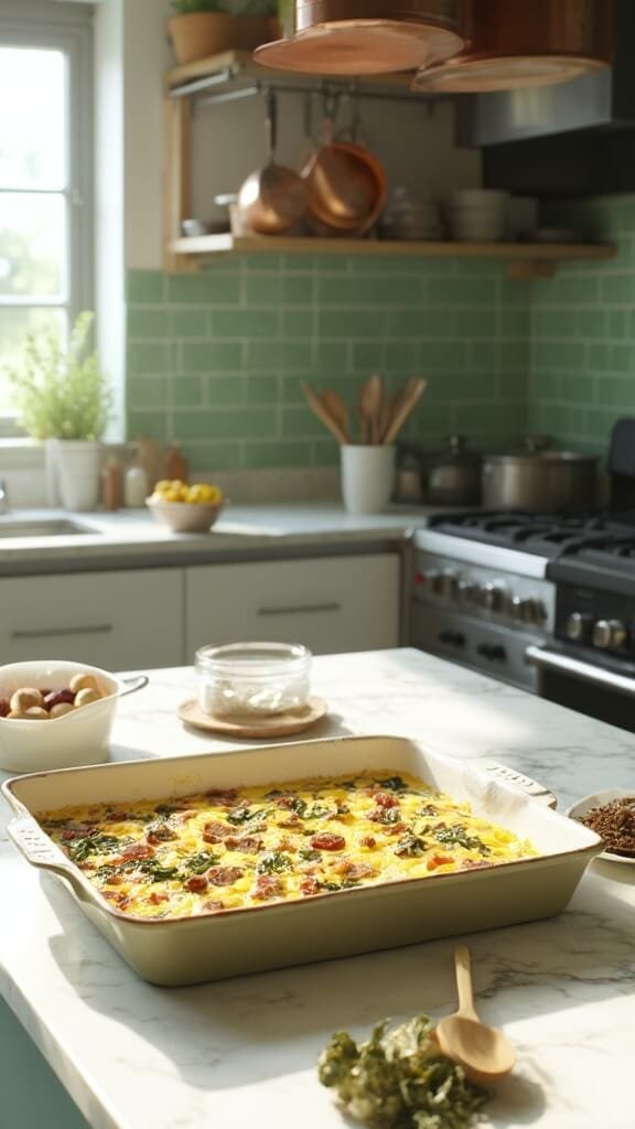 Pouring egg mixture over browned sausage and wilted spinach in a 9x13 ceramic baking dish in a modern kitchen