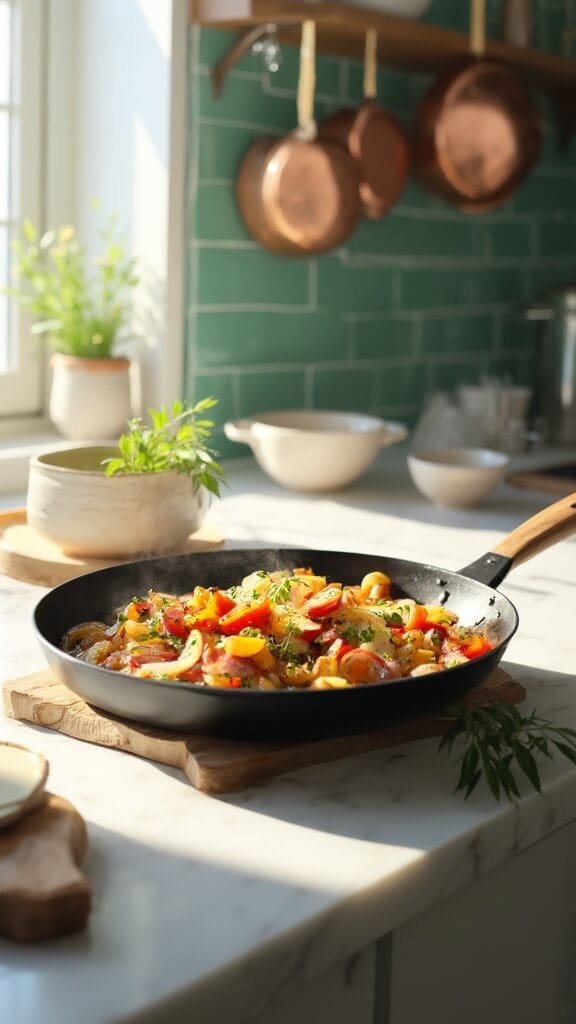 Keto Chicken Fajita Casserole (Easy One-Pan Low-Carb Dinner) 5 Sautéed bell peppers and onions in skillet on modern white marble kitchen counter with green subway tile backsplash