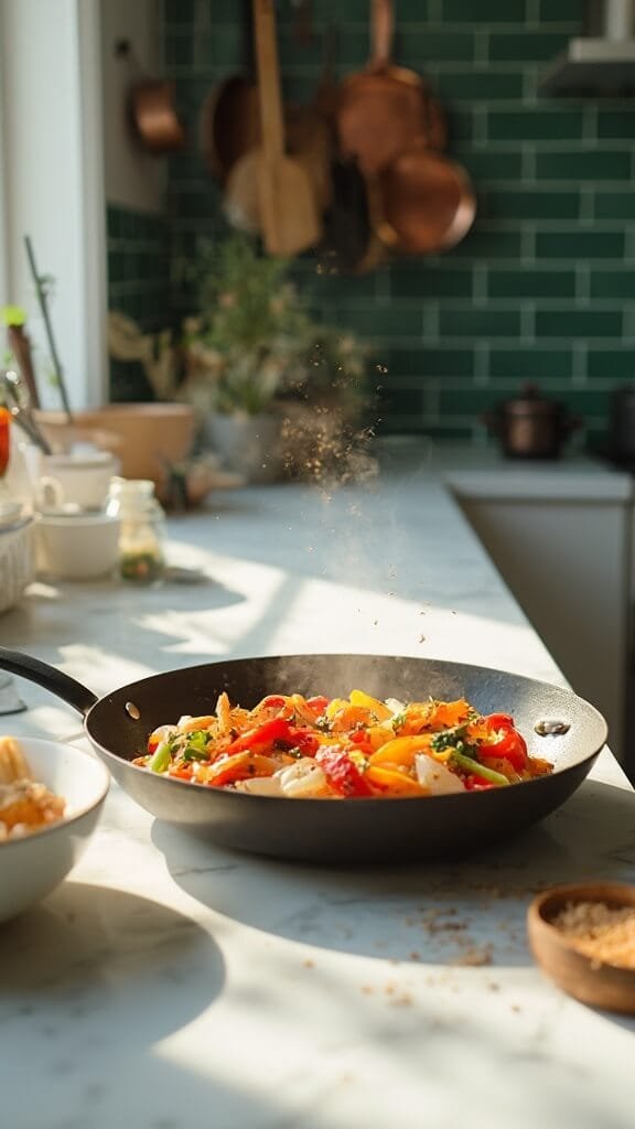Keto Chicken Fajita Casserole 5 Sautéed colorful bell peppers and onions in a modern kitchen with white marble countertops and green subway tile backsplash, under natural daylight.