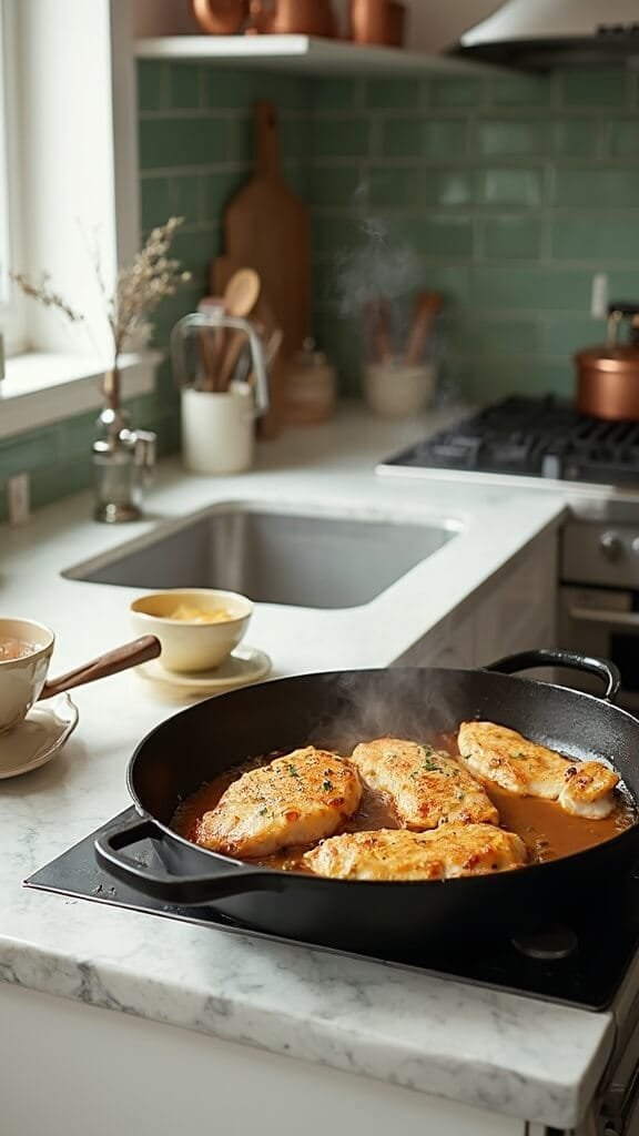 Keto French Onion Chicken Skillet 5 Modern kitchen with green subway tiles and copper pots, featuring seared chicken cutlets and caramelized onions in a cast iron skillet on a white marble countertop