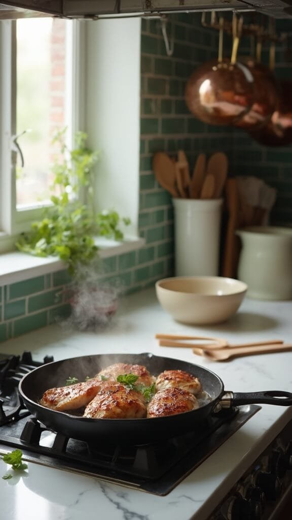 Keto Garlic Butter Chicken Thighs 4 Four chicken thighs searing in a black cast-iron skillet in a modern kitchen with green subway tile backsplash and wooden utensils