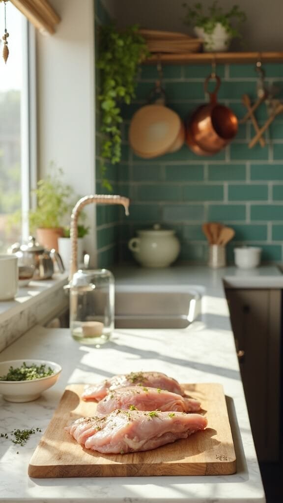 Keto French Onion Chicken Skillet 3 Raw chicken cutlets seasoned with herbs on a wooden cutting board in a modern kitchen with white marble countertops and green subway tile backsplash, under natural daylight.