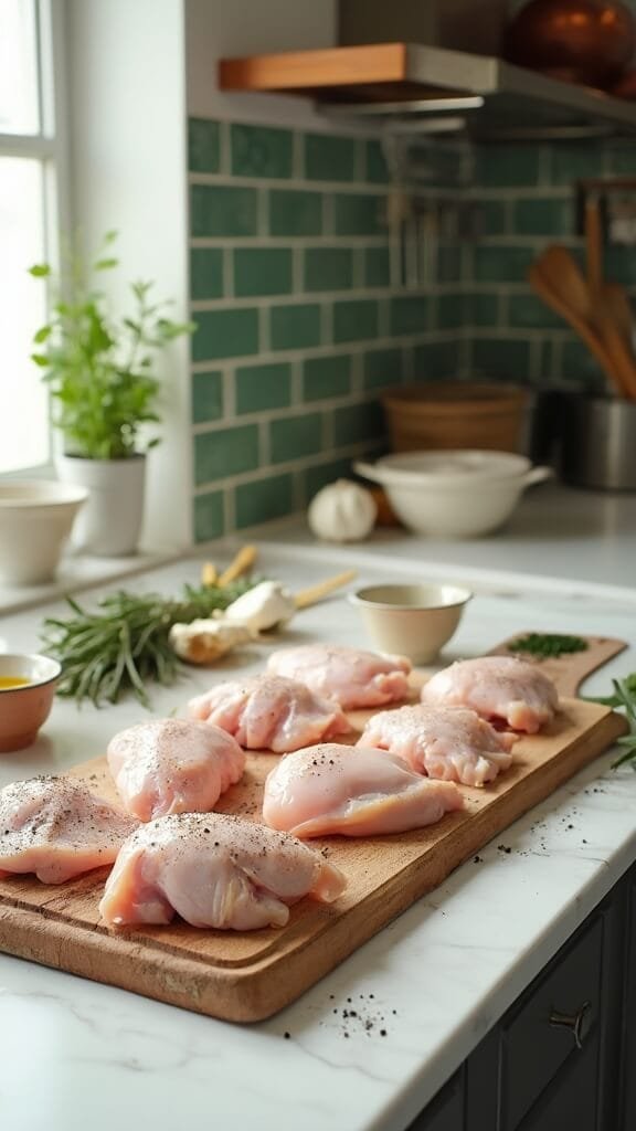 Keto Garlic Butter Chicken Thighs 3 Raw seasoned chicken thighs on a wooden board in a modern kitchen setup with wooden utensils, ceramic bowls, and fresh herbs