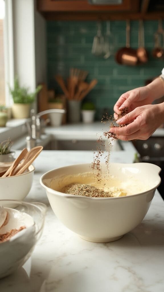 Hands sprinkling dried herbs into a creamy mixture in a modern kitchen with green subway tile backsplash